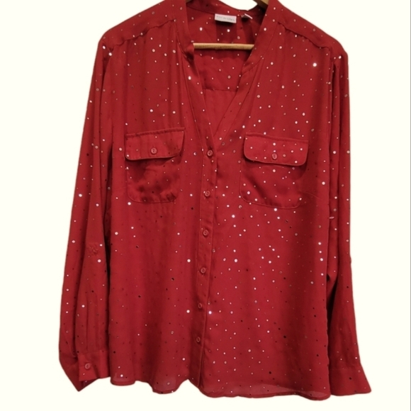 3X Metallic Beaded Adjustable Long Sleeve Pockets Button Down Party Blouse - Picture 1 of 7